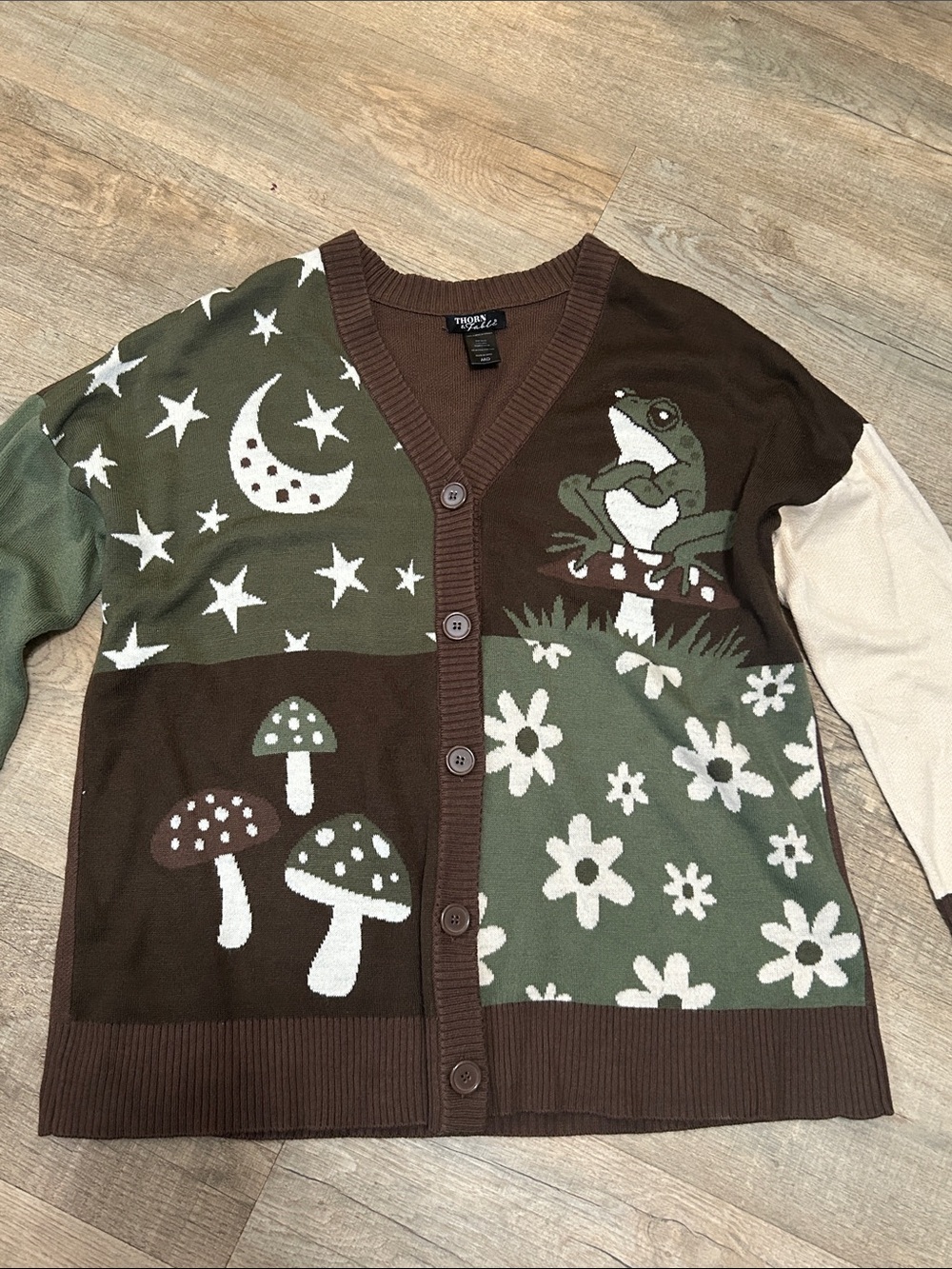 Whimsical Frog & Mushroom Button-Front Cardigan - Brown & Olive